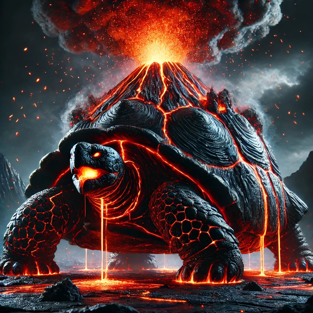 Dark fantasy concept art. Close-up. A giant demonic tortoise with a molten shell, standing on a dark, rugged plateau. Obsidian shell with cr...