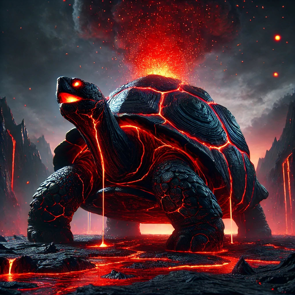Dark fantasy concept art. Close-up. A giant demonic tortoise with a molten shell, standing on a dark, rugged plateau. Obsidian shell with cr...