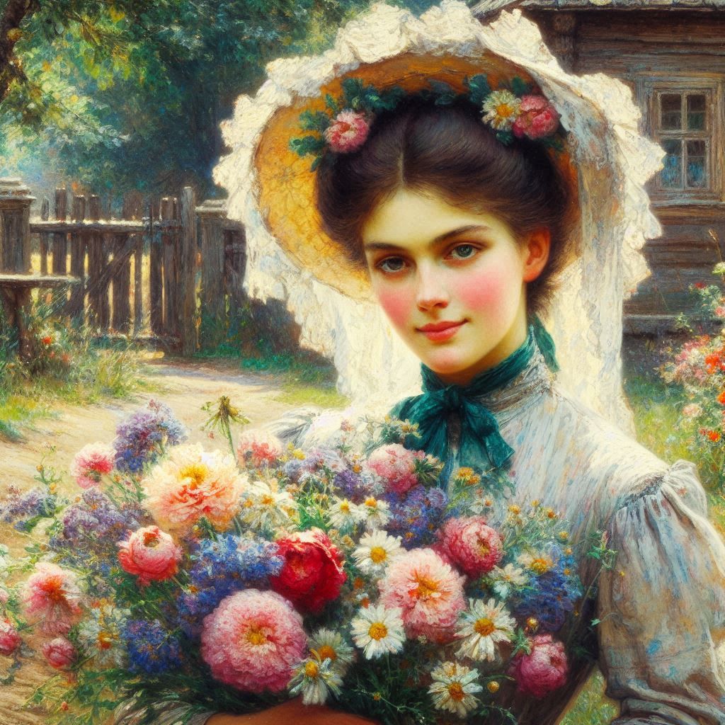 Le Portrait d’une femme avec un bouquet de fleurs, en 1889, aquarelle vive, peinture à l'huile sur toile tendue à la façon de Hans Olaf Heyerdahl (1857-1913)