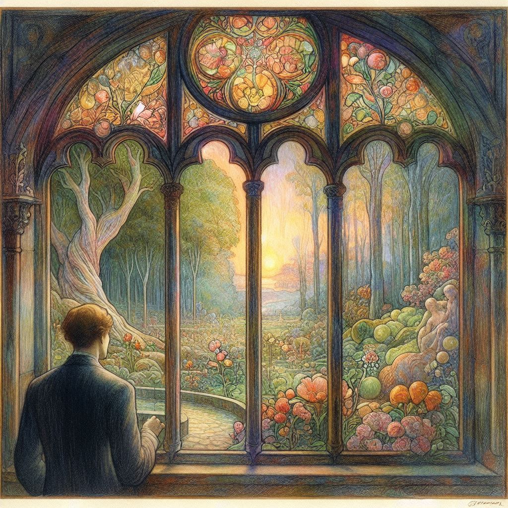 Stained Glass Window (The Mysterious Garden) , en 1905, lithographie pastel, à la façon d'Odilon Redon  (French, 1840-1916)_