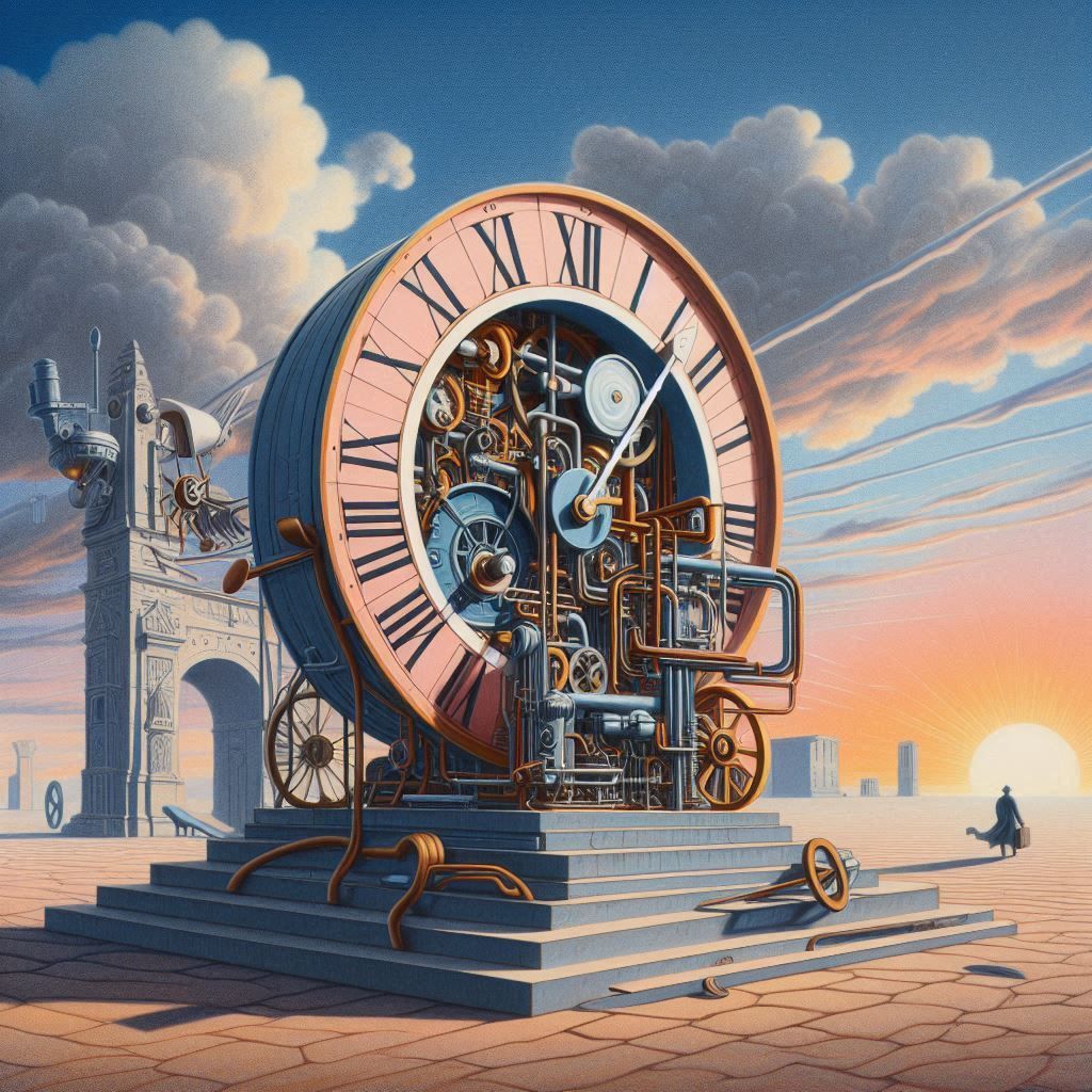 la machine a remonter le temps, en 1978, lithographie pastel en arrière plan un ciel bleu clair, à la façon surréaliste de Paul Delvaux