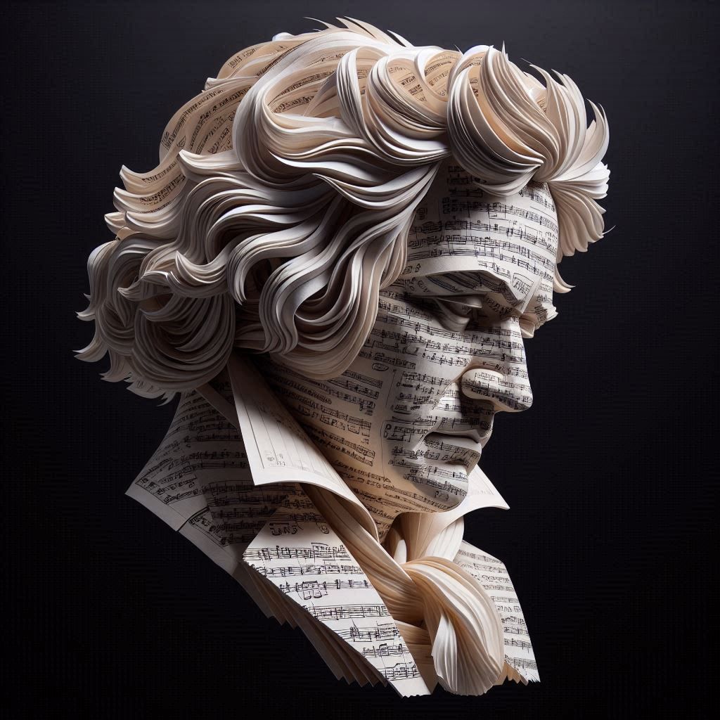 A three-dimensional sculpture of Beethoven, created using delicate and complex music sheet paper layering techniques_023