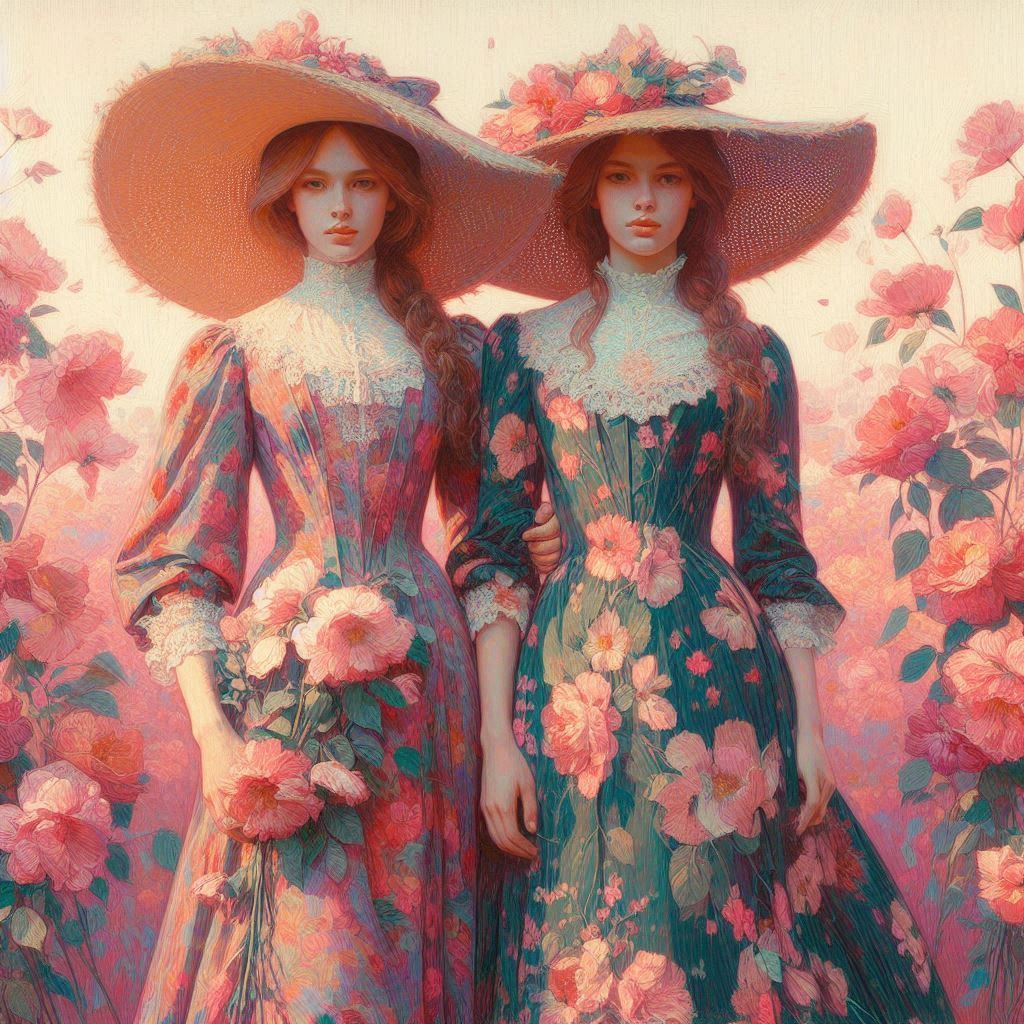 Woman_Deux femmes en longues robes à fleurs coiffées d'un grand chapeau de paille_023