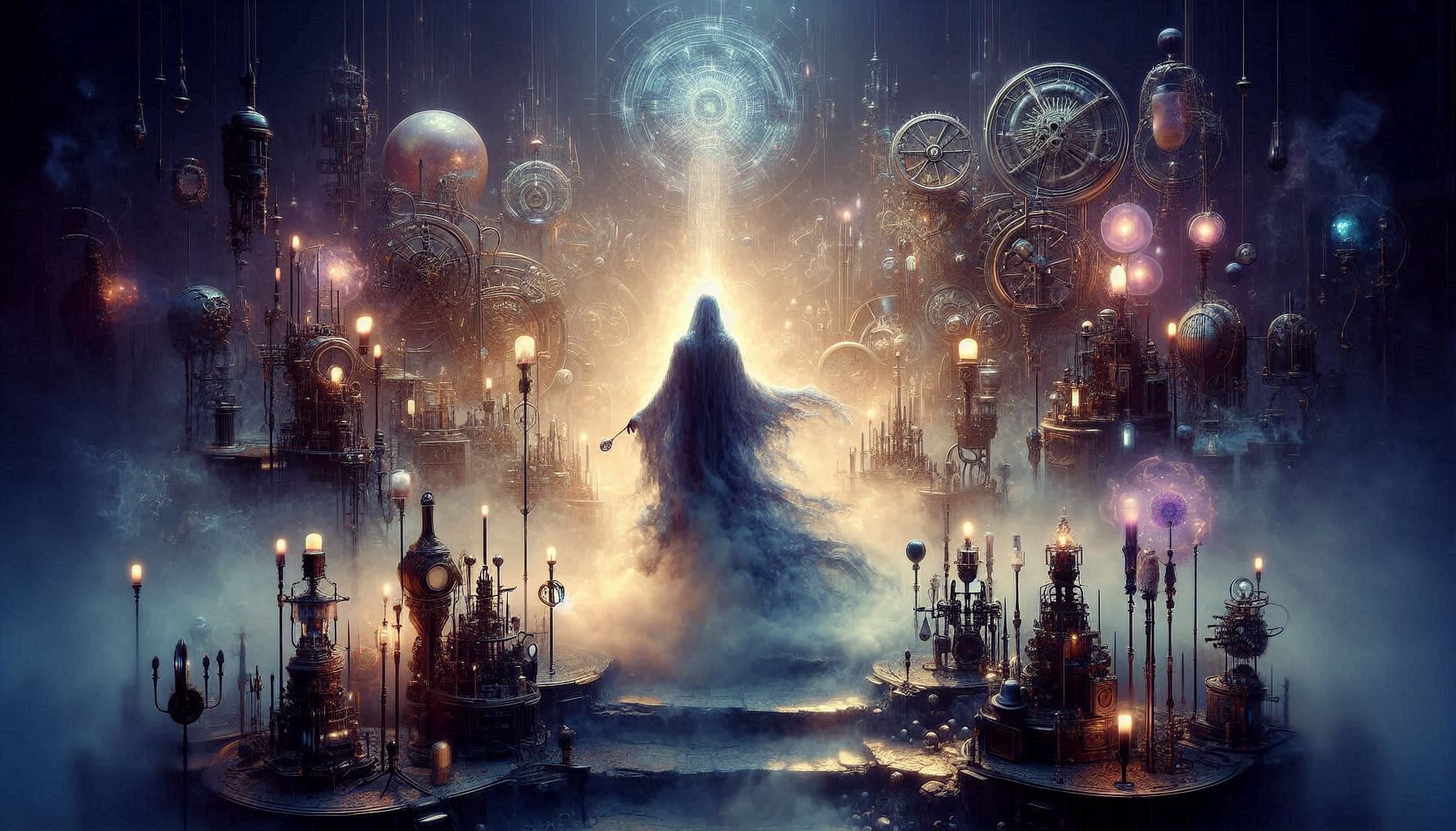 Steampunk_Une figure mystérieuse, enveloppée de brume, se tient au milieu d’un rituel_032