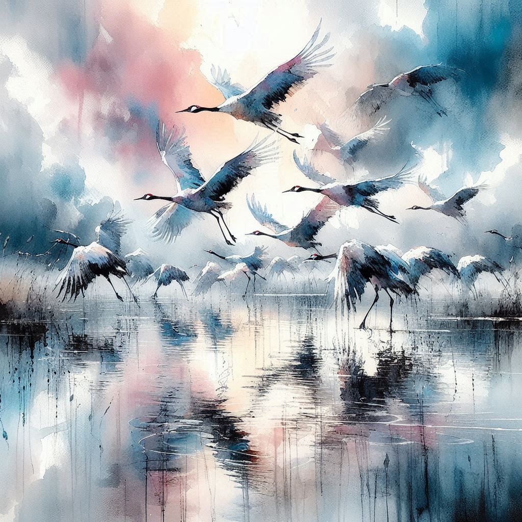 Une volée de grues prend son envol au-dessus d'un marais brumeux_023