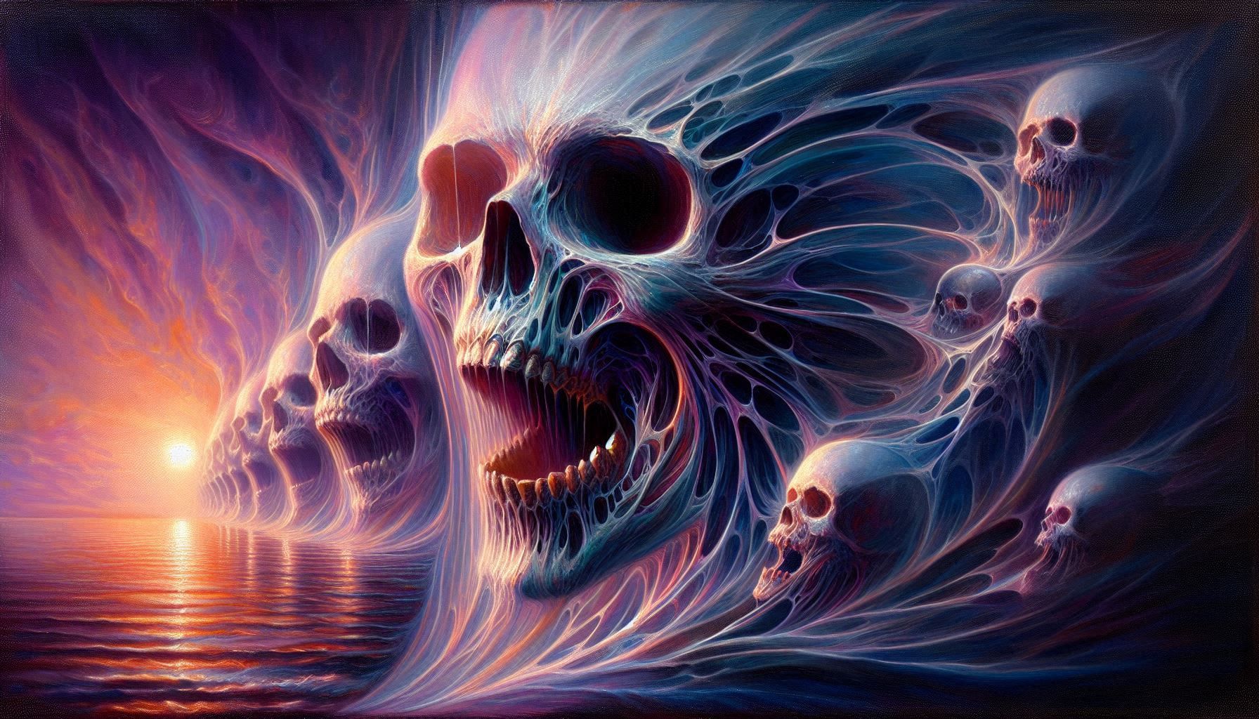 Le crane fantôme en 1901, peinture à l’huile, à la façon d’Alfred Leopold Isidor Kubin _026