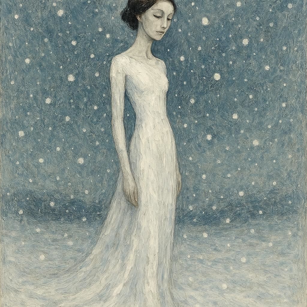 Woman_Une femme avance dans une longue robe blanche sous la neige_044