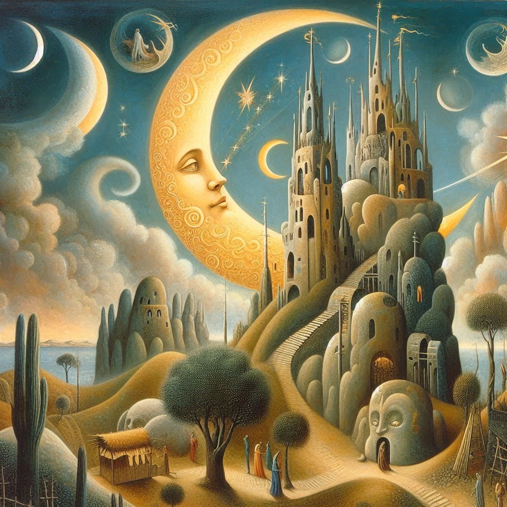 Detail from Papilla Estelar, by Remedios Varo, 1958  #art #painting #moon #crescent #papilla estelar #remedios varo #1958 #u_