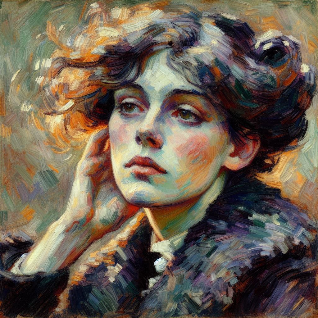 Portrait of Elly en longue robe fleurie en 1908, peinture à l'Huile couleur estompées expressionnistes sur toile à la façon de Lovis Corinth