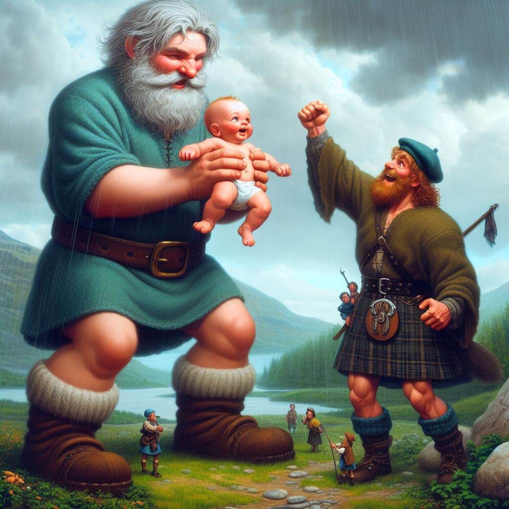 Le géant irlandais légendaire Finn MacCool défia un jour son rival écossais Benandonner mais, s’apercevant que celui-ci était plus grand que lui, il se déguisa en bébé. 