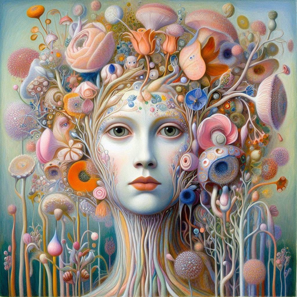 I was Chloris, who am now called Flora, en 2003, peinture pastel surréaliste à l'huile à la façon d'Helen Flockhart_