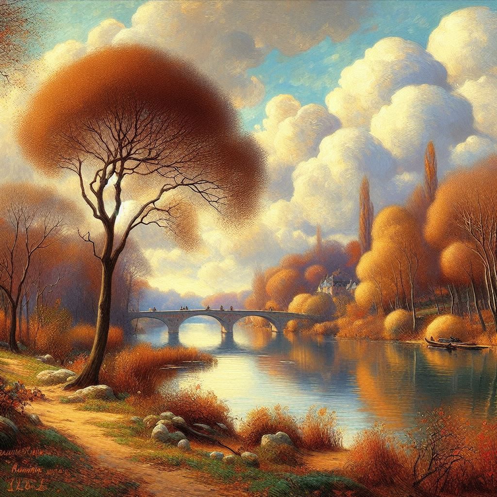 The small arm of the Seine in autumn,  en 1890, peinture à  l'huile, à la façon de Gustave Caillebotte,#french impressionisme #ciel nuageux_