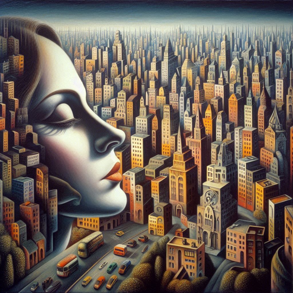 gros plan sur la ville, en 1977,  oil on canvas,   à la façon d' Harry Guttman (1933-2015)  #surréaliste #Harry Guttman #romanian artist #israeli art_