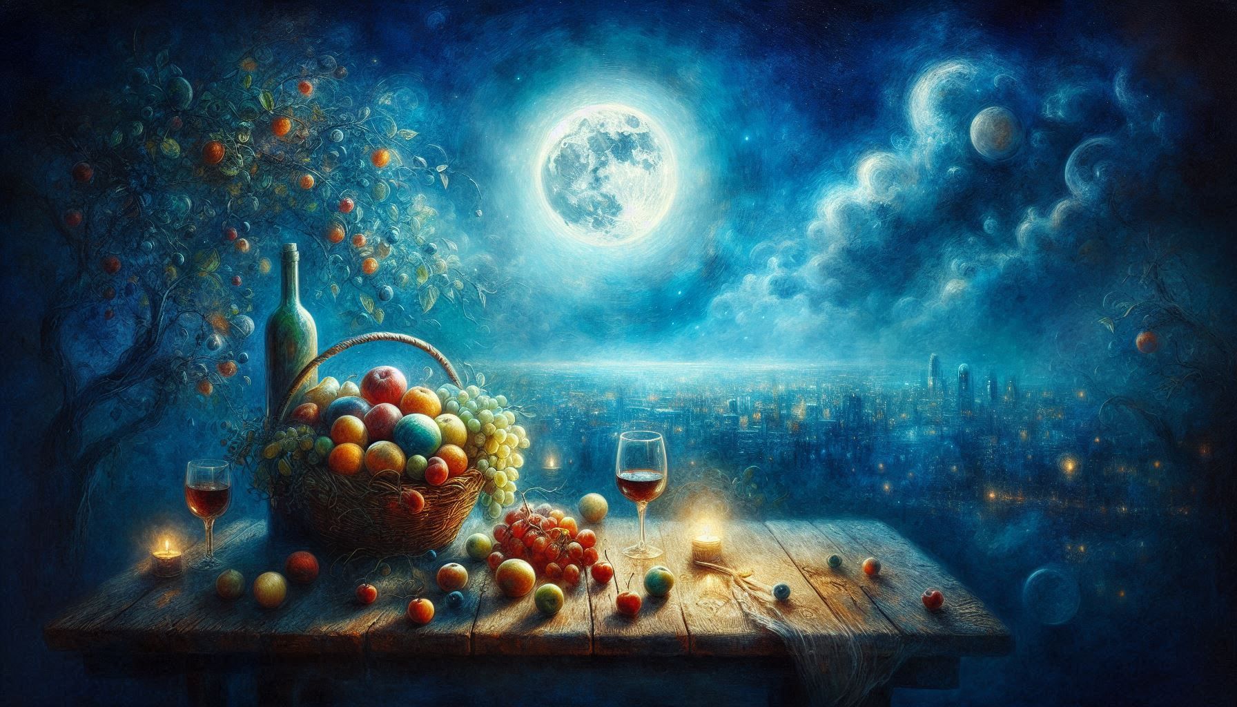 A la façon de Marc Chagall_Sous un ciel d’un bleu profond, la lune éclaire une table_24