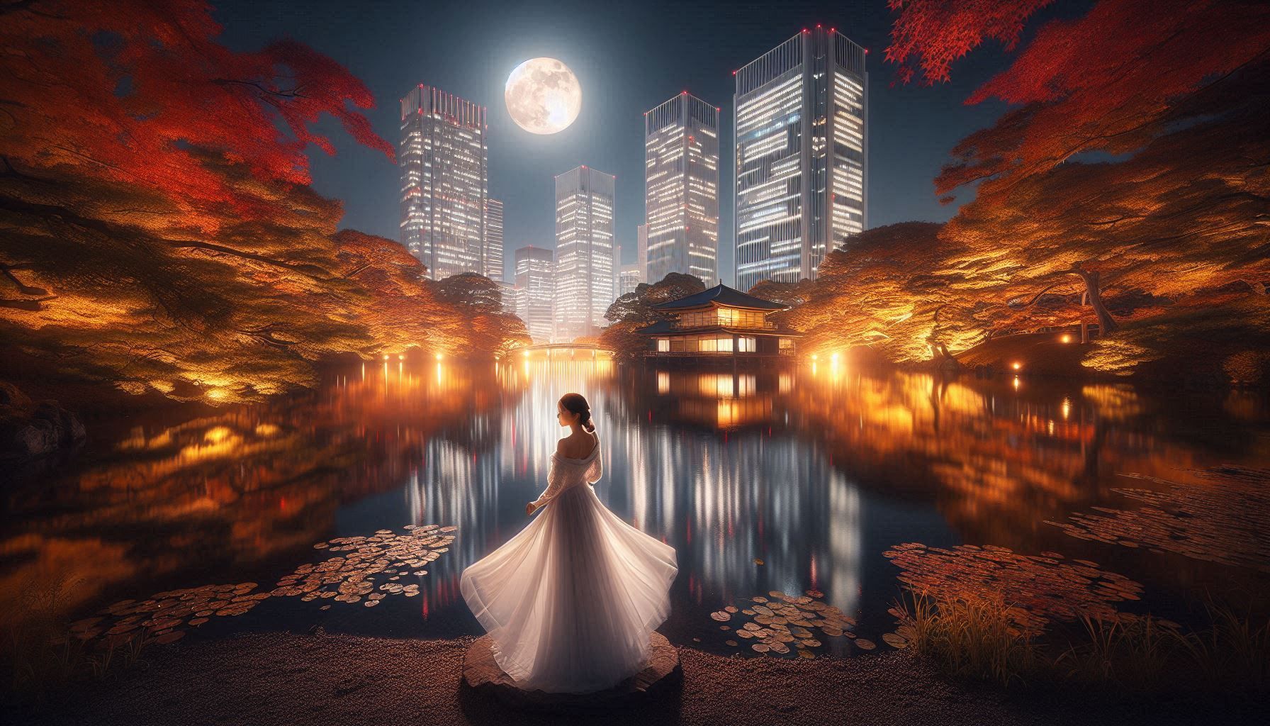 Hamarikyu Tsukimi Sanpo Tokyo vue nocturne sur l'étang Shioiri-no-ike et les building de Shiodome_026