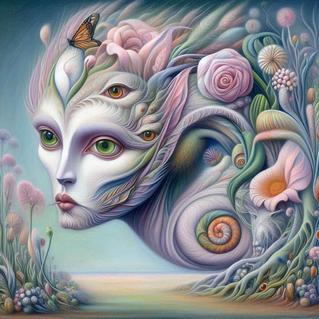 I was Chloris, who am now called Flora, en 2003, peinture pastel surréaliste à l'huile à la façon d'Helen Flockhart_