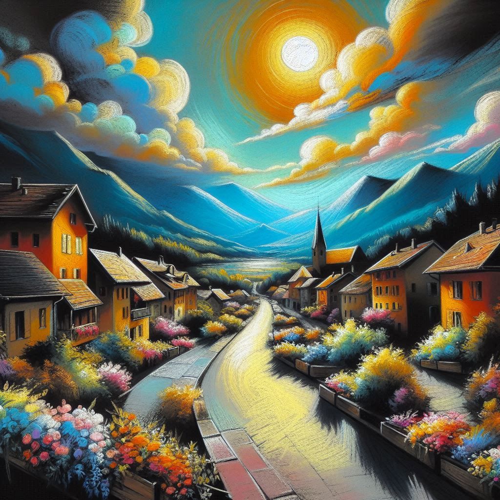 Rickwihr en Alsace, mon premier dessin de rue, Pastel sec sur fond noir_026