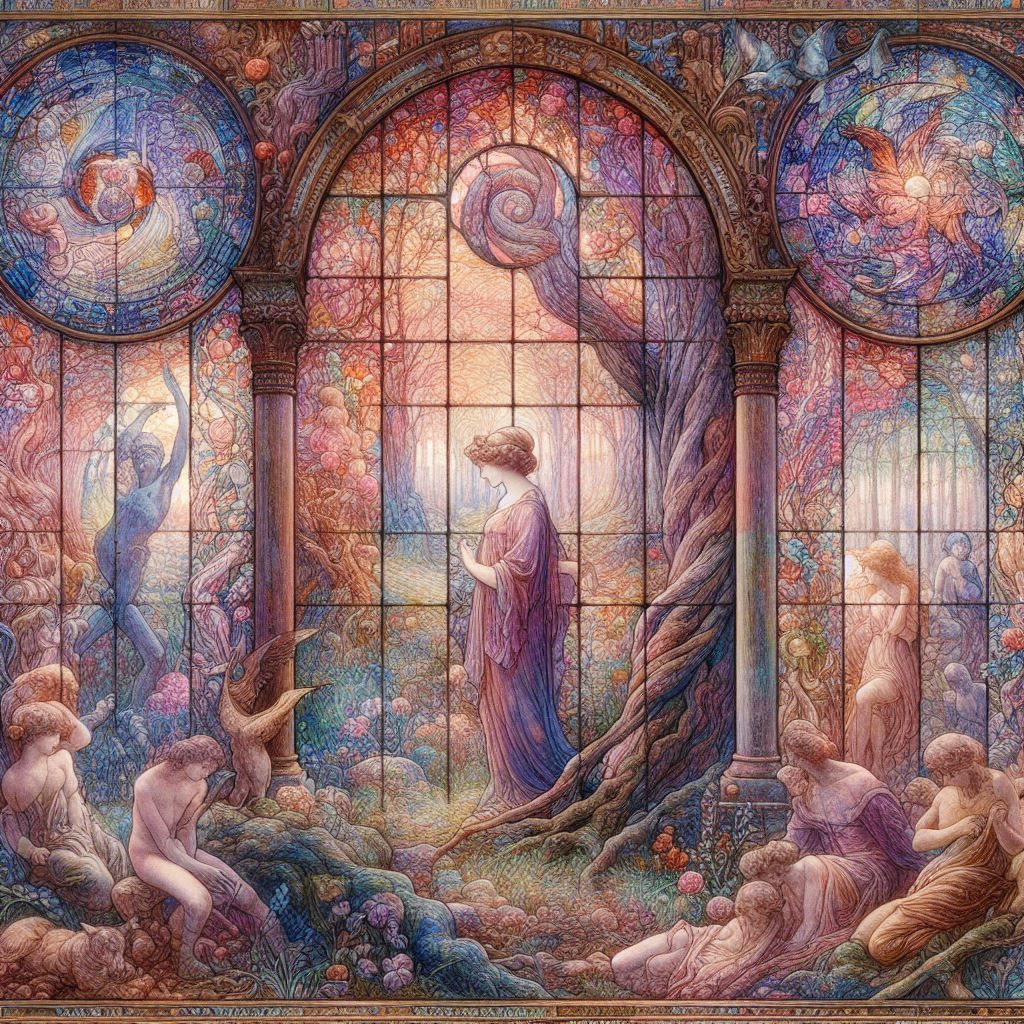 Stained Glass Window (The Mysterious Garden) , en 1905, lithographie pastel, à la façon d'Odilon Redon  (French, 1840-1916)_