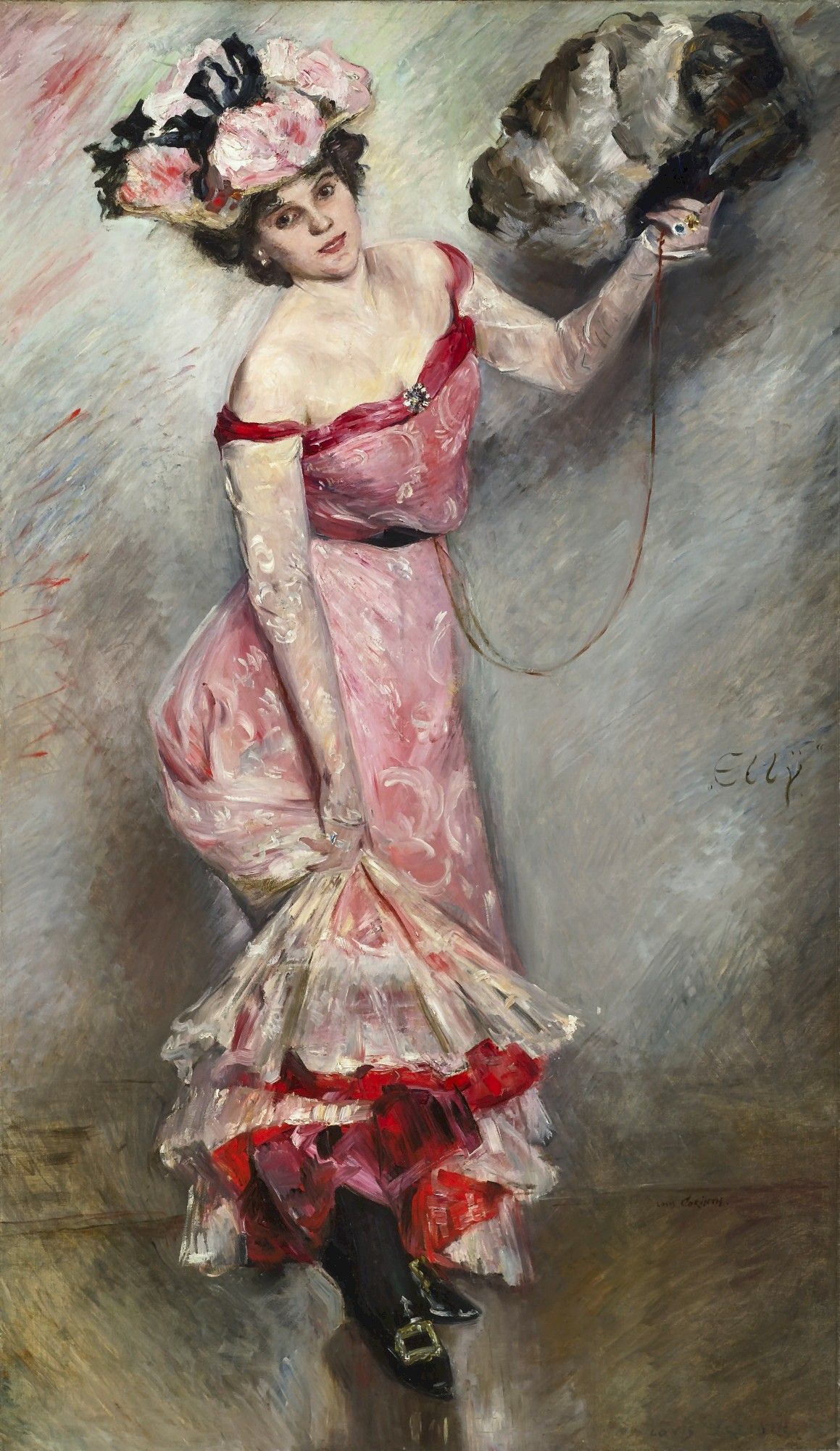 Portrait of Elly en longue robe fleurie en 1908, peinture à l'Huile couleur estompées expressionnistes sur toile à la façon de Lovis Corinth
