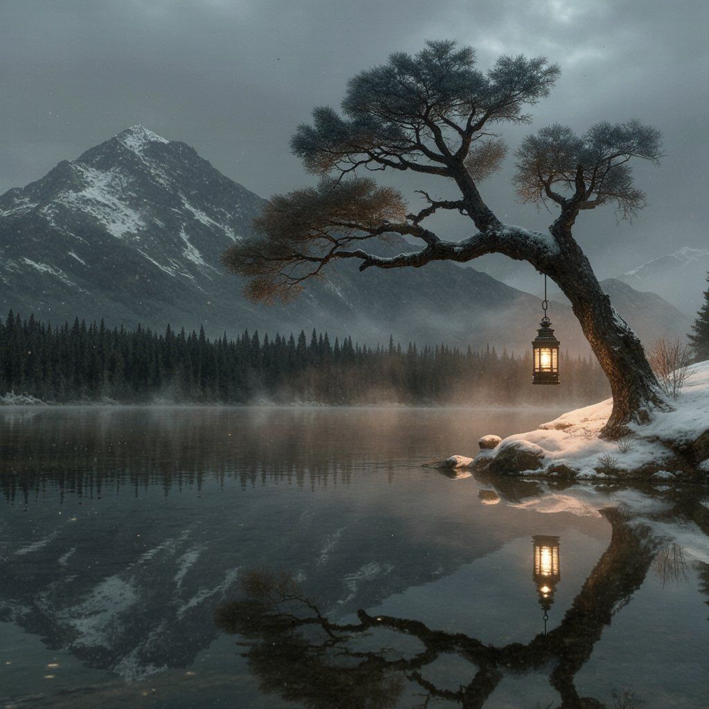 Pins_Une seule lanterne se balance doucement de la branche d’un pin noueux_026