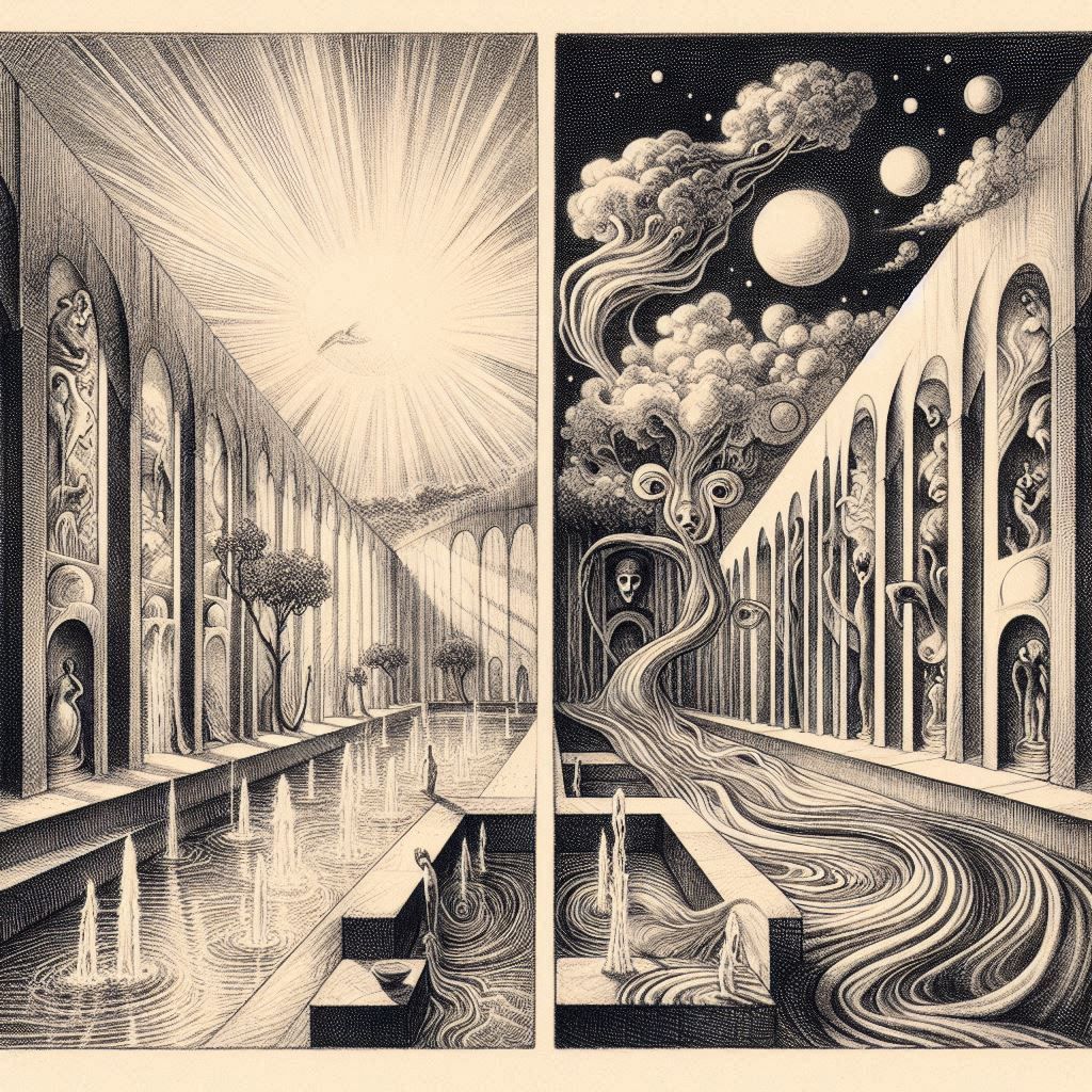 #surrealismo, le mélange de l'eau dans la lumière dans le monde étrange, en 1967, dessin allongé et étiré, diptyque, peinture à l'eau-forte, par Alberto Giacometti_