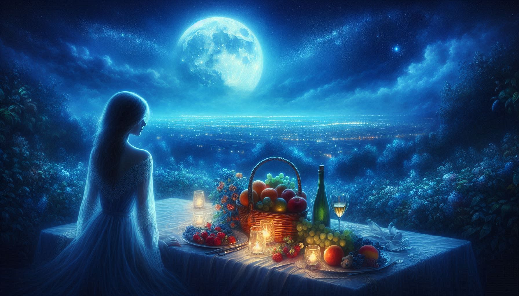 A la façon de Marc Chagall_Sous un ciel d’un bleu profond, la lune éclaire une table_29