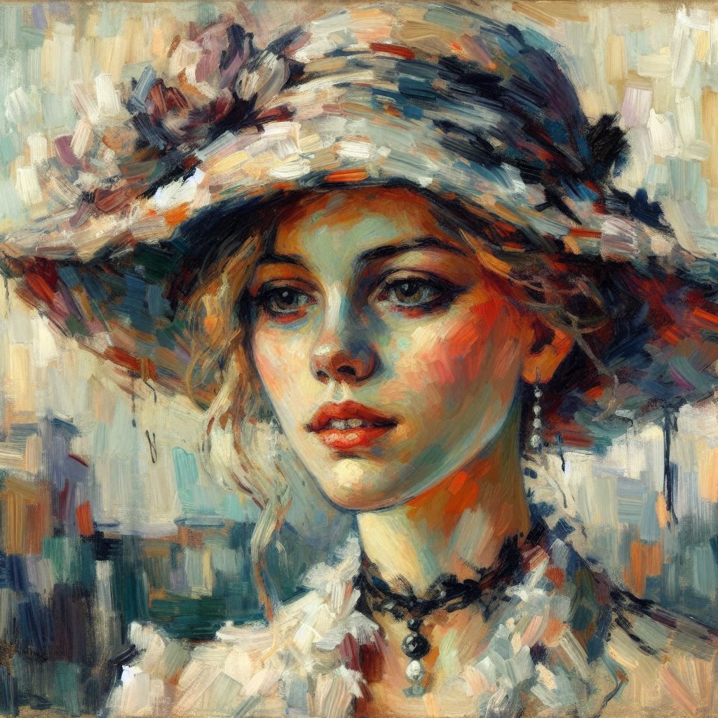 Portrait of Elly en longue robe fleurie en 1908, peinture à l'Huile couleur estompées expressionnistes sur toile à la façon de Lovis Corinth