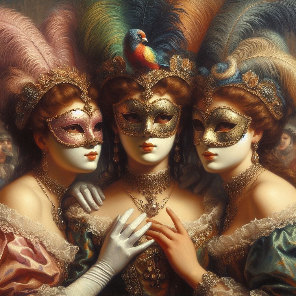 trois femmes Vénitienne au bal masqué en 1908, peinture à l'huile sur toile tendue par Joseph-Désiré Court (French, 1797-1865), collection p...