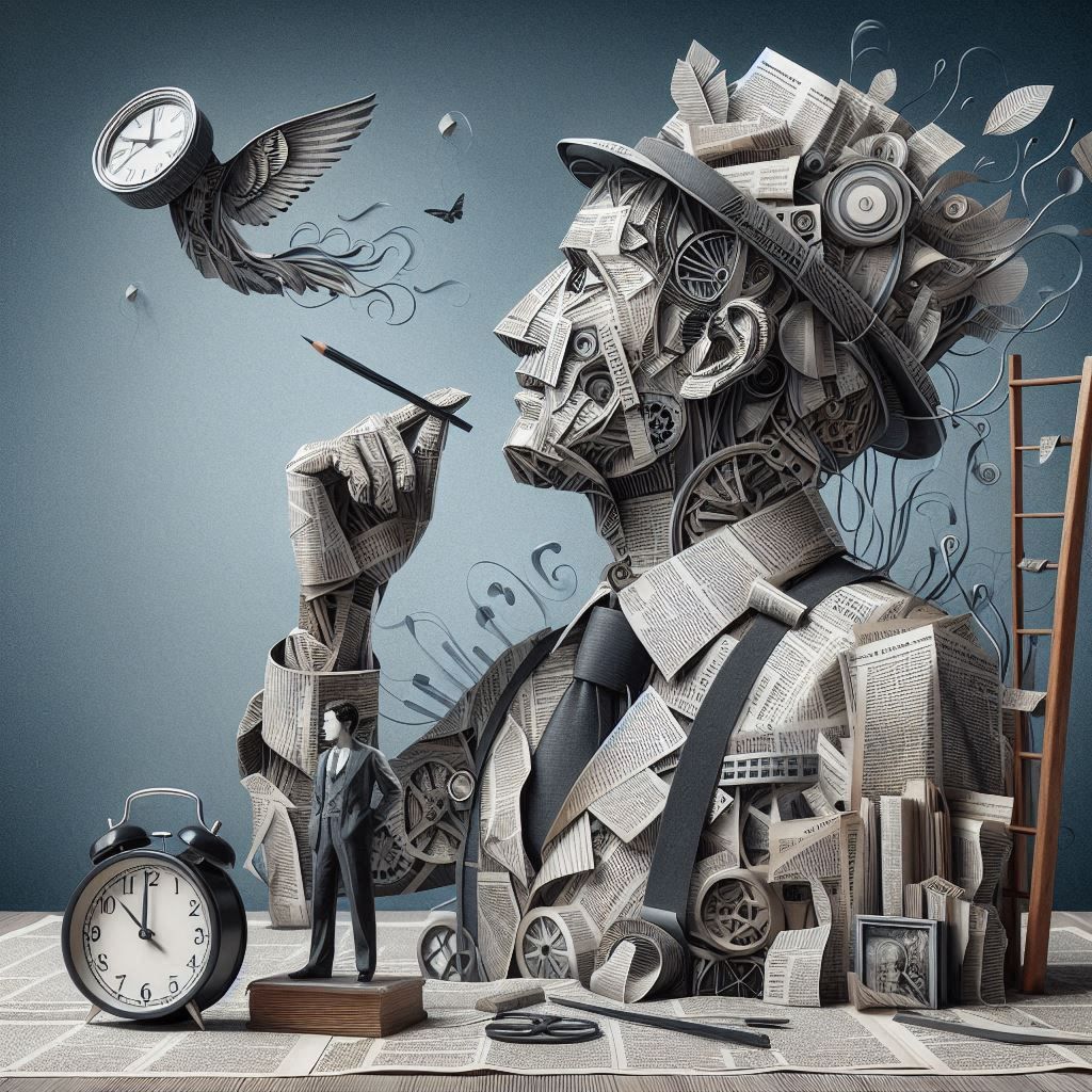 construction en papier d’un bonhomme et collage surréaliste faite dans des pages de journaux,