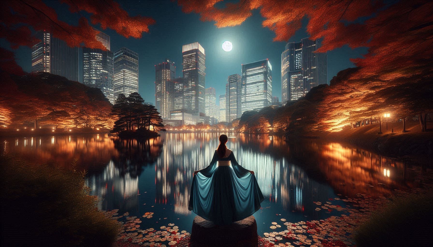 Hamarikyu Tsukimi Sanpo Tokyo vue nocturne sur l'étang Shioiri-no-ike et les building de Shiodome_028