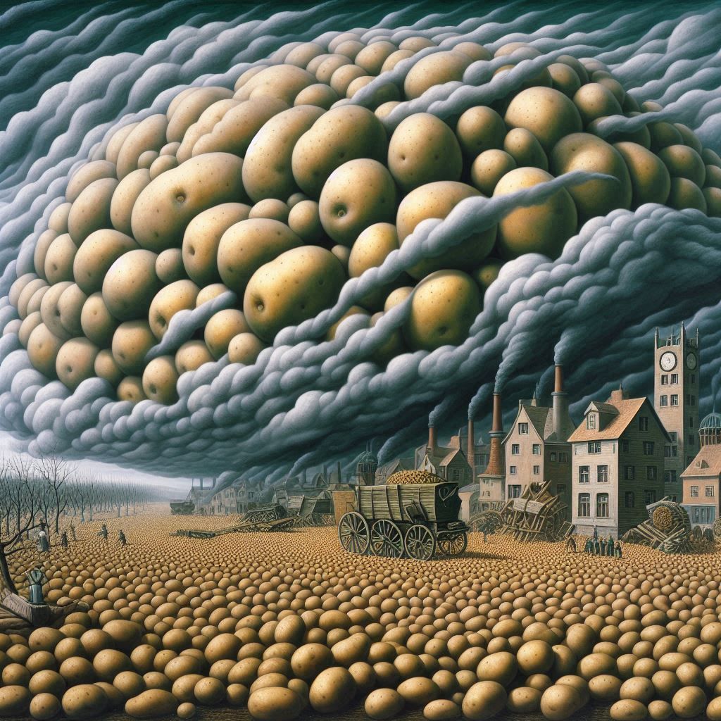La peinture surréaliste de Raoul Michau montre sous un ciel très nuageux, qui couvre environ les deux tiers supérieurs du tableau, un grand nombre de pommes_