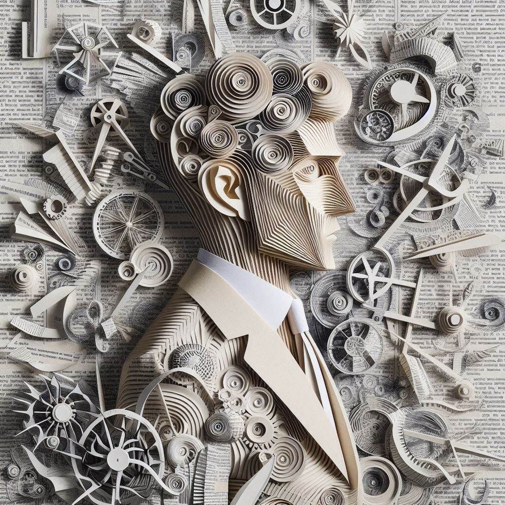 construction en papier d’un bonhomme et collage surréaliste faite dans des pages de journaux,