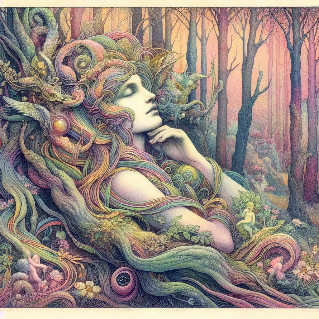 La déesse enchantée de la forêt, en 1887, lithographie surréaliste dans les tons pastelles dans les degrades arc en ciel à la façon de Jean Delville