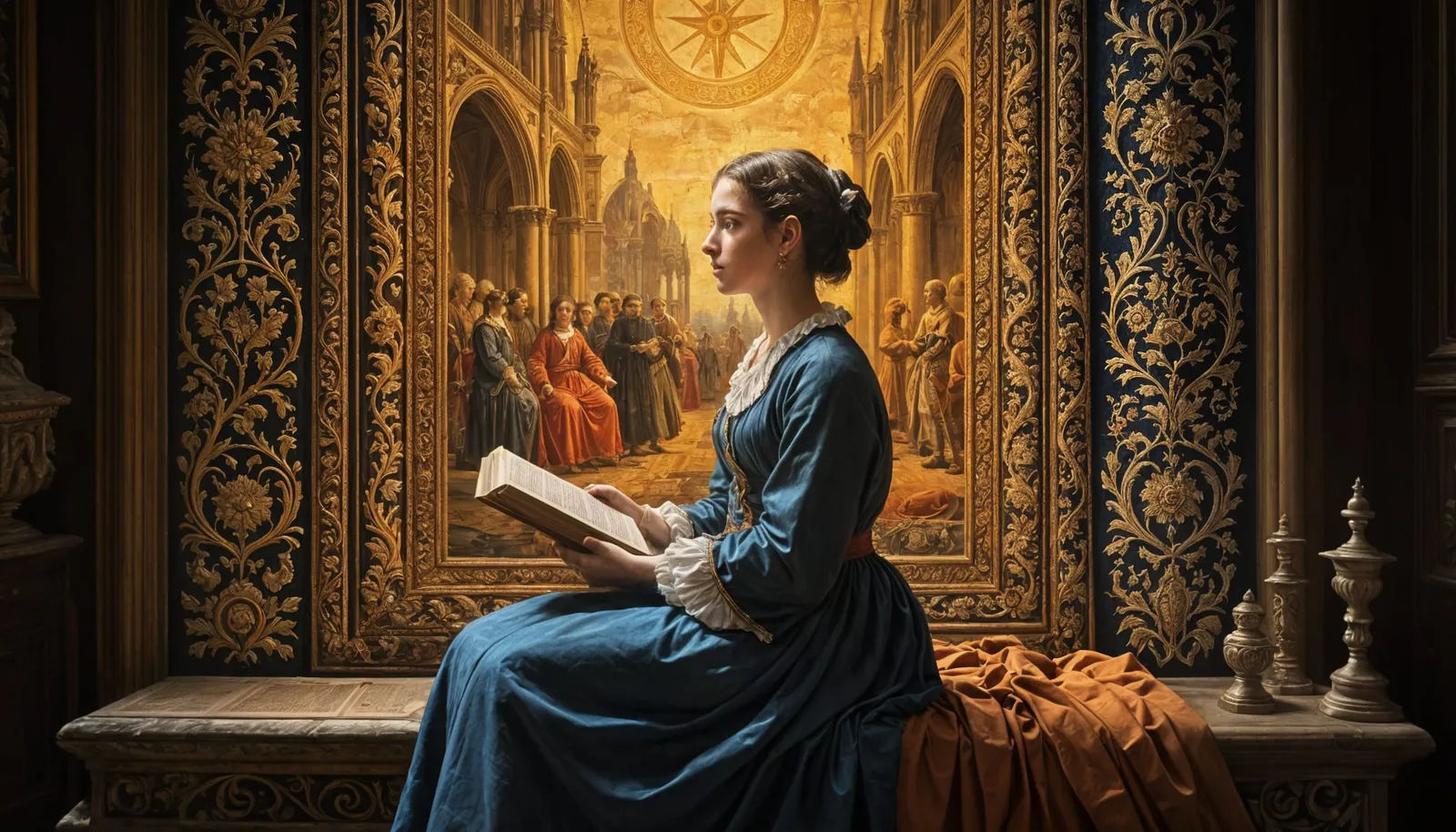 Adolphe Alexandre Lesrel_La tapisserie derrière la femme avec son livre est basée sur un exemple flamand du XVe siècle représentant la libération de Saint-Georges_025