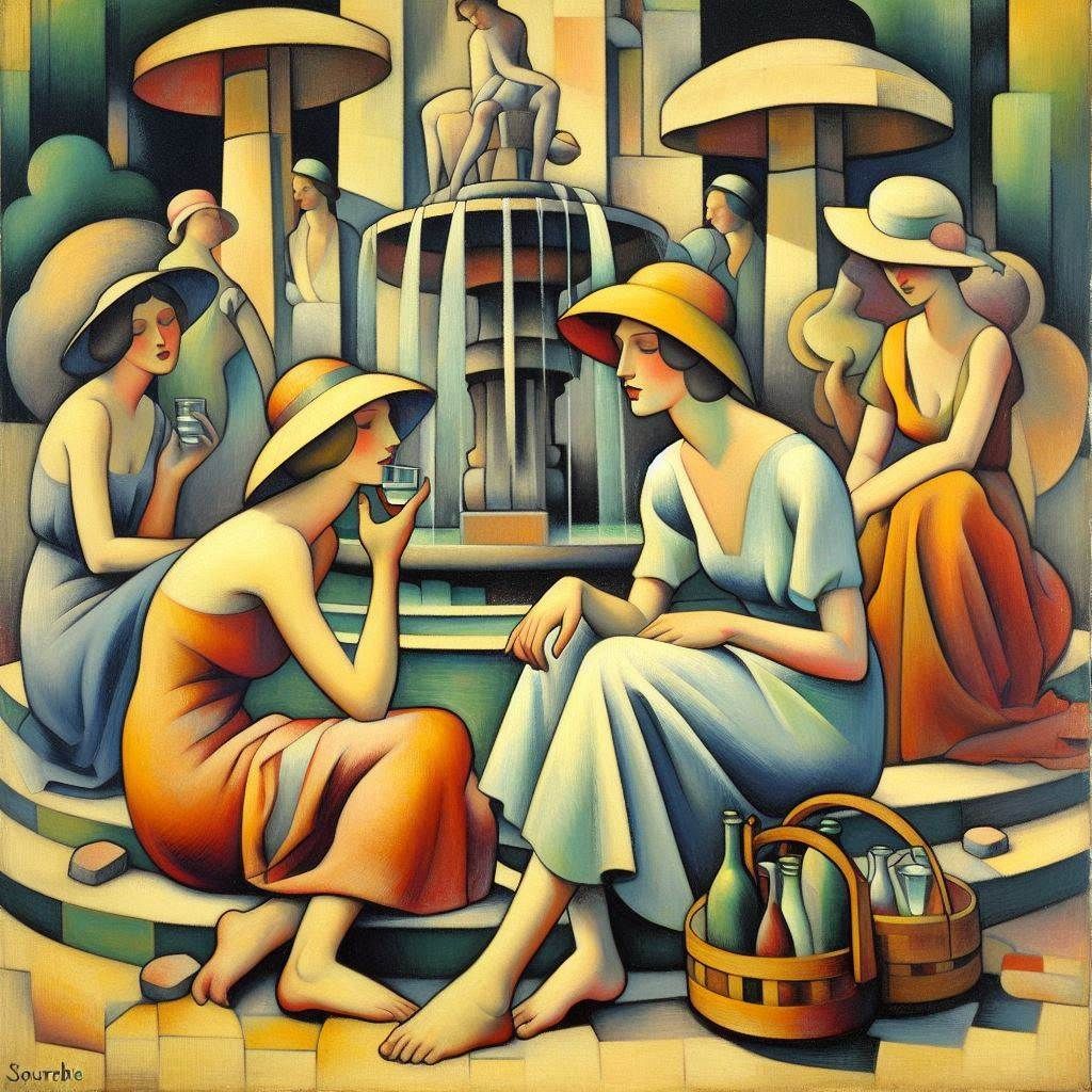 Femmes à la fontaine, en 1926, Oil on canvas.  #jean souverbie #art #painting #oil painting #modern art #surréaliste #oil on canvas_