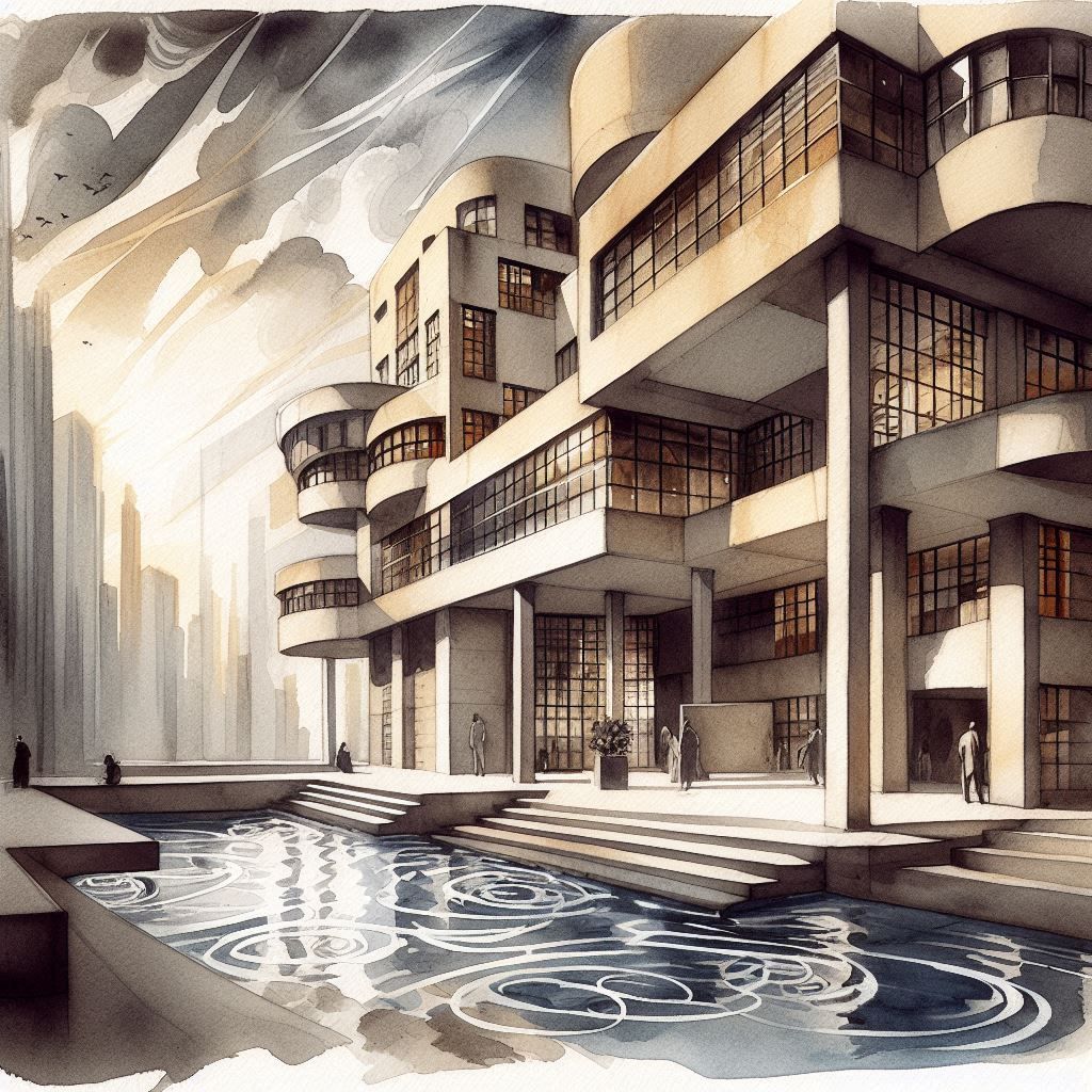 Menace, en 1938 aquarelle atténuée a la peinture à l'eau a la façon de Le Corbusier