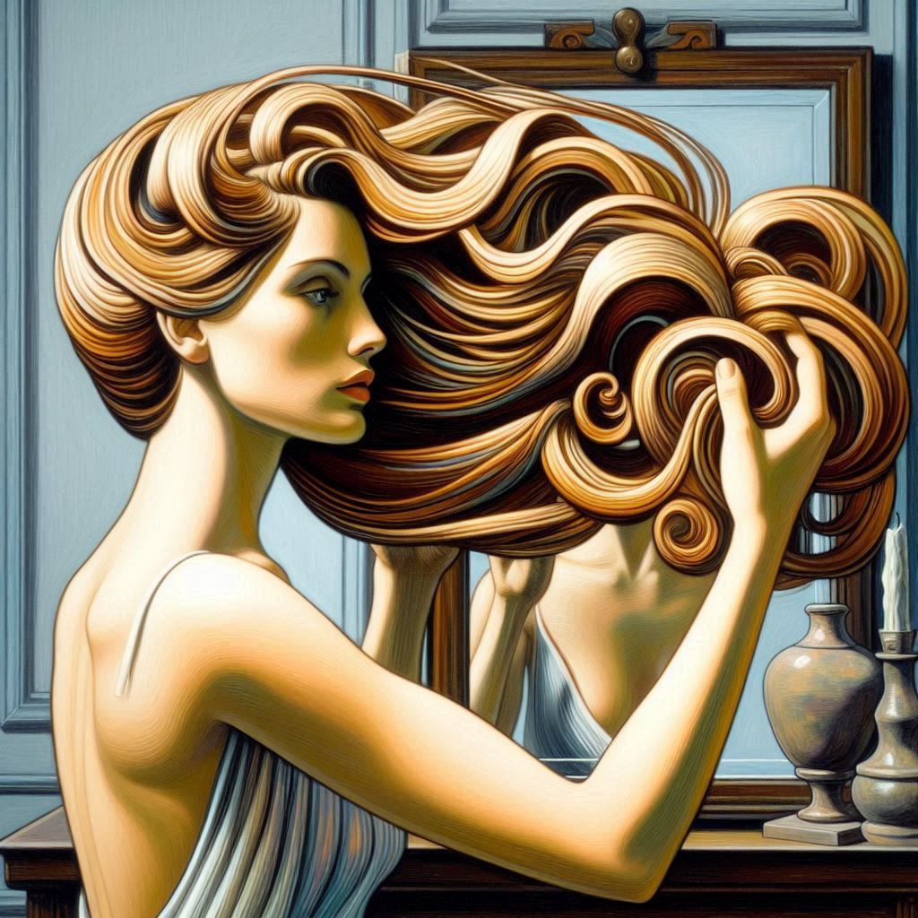 coiffure emmêlée et ébouriffée  de Nathalie wood devant la glace, en 1962, Oil on canvas. #woman #cheveux #ebouriffé #surréaliste #art
