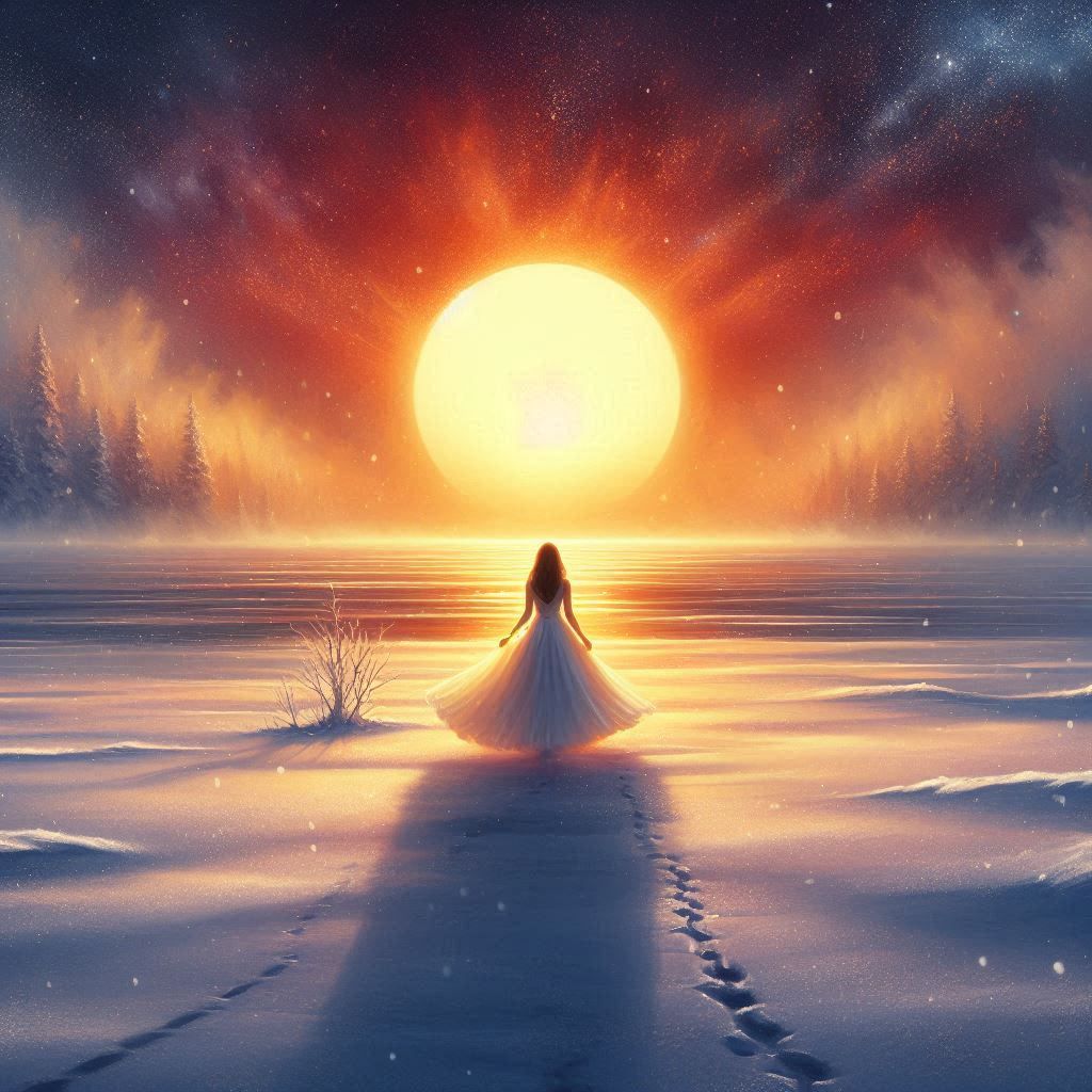 Woman_Une femme avance dans une longue robe blanche sous la neige_024