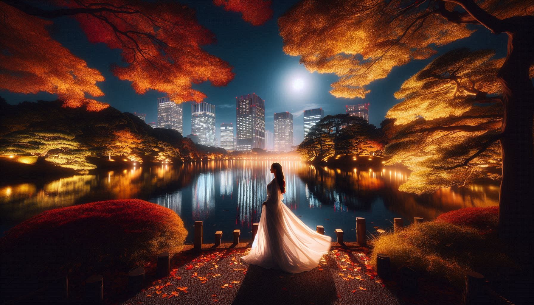 Hamarikyu Tsukimi Sanpo Tokyo vue nocturne sur l'étang Shioiri-no-ike et les building de Shiodome_030