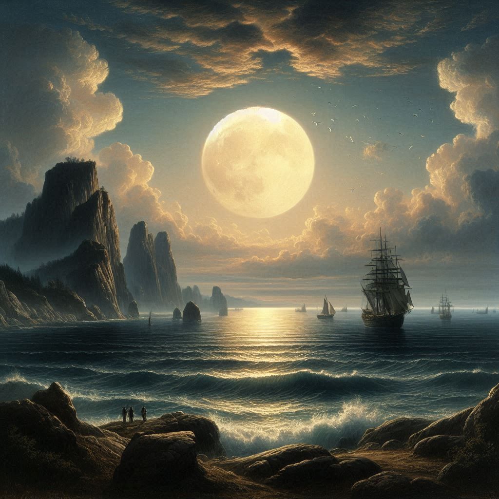 Les corvettes à l’horizon sous la pleine lune dans le coucher de soleil et rose sur les hautes vagues, en 1822, peinture à l’huile de Caspar David Friedrich, German_