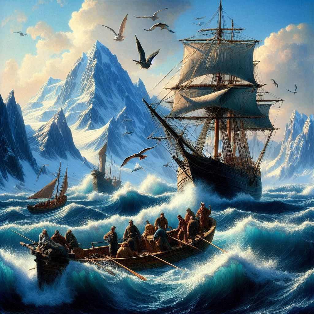 Whaling with the Duncan Grey, en 1900, peinture à l'huile à la façon de Carl Saltzmann 