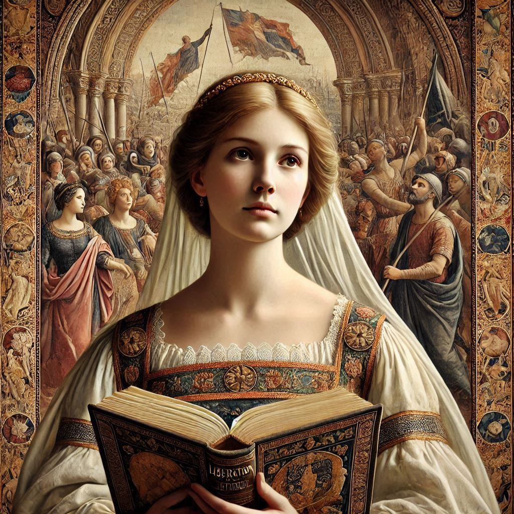 The tapestry in the background behind the woman with her book is based on a fifteenth-century Flemish example depicting the liberation of St...