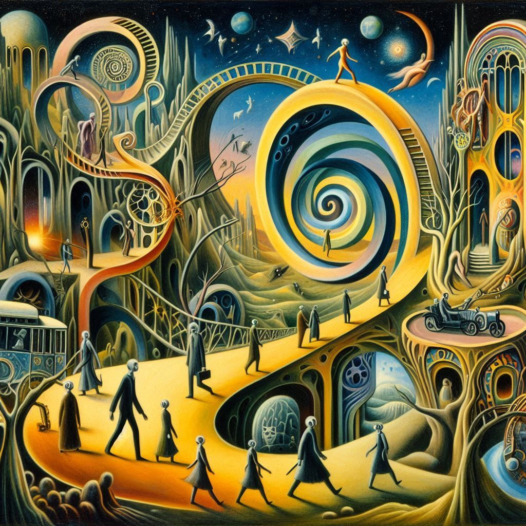 la vie vers l'infini en spirale dans le monde imaginaire, en 1923, a la façon de Max Ernst, peinture sur toile, Onirique et Surréaliste #maxernst_