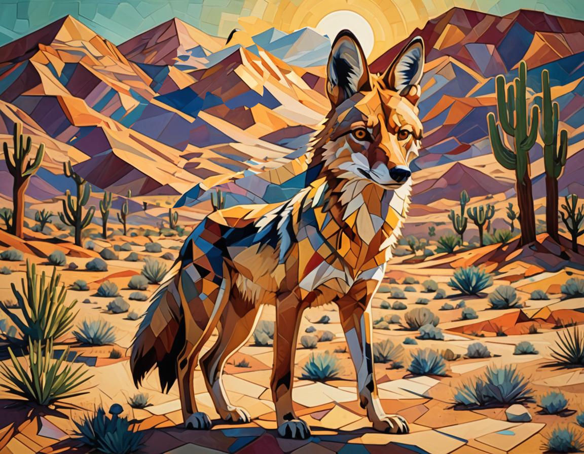 coyote in desert cubist painting, Neo-Cubism, layered overlapping geometry, art deco painting, Dribbble, geometric fauvism, layered geometri...