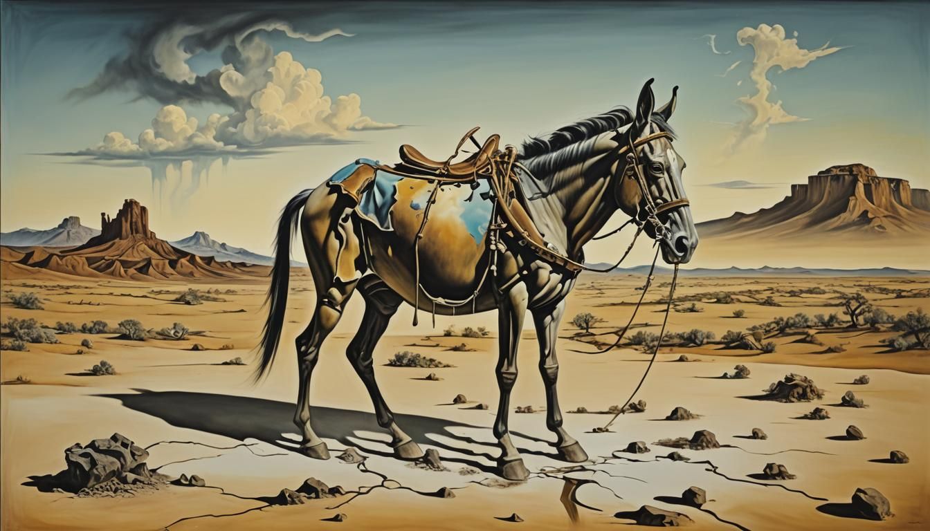 arizona mule
 surrealism Salvador Dali matte background melting oil on canvas 