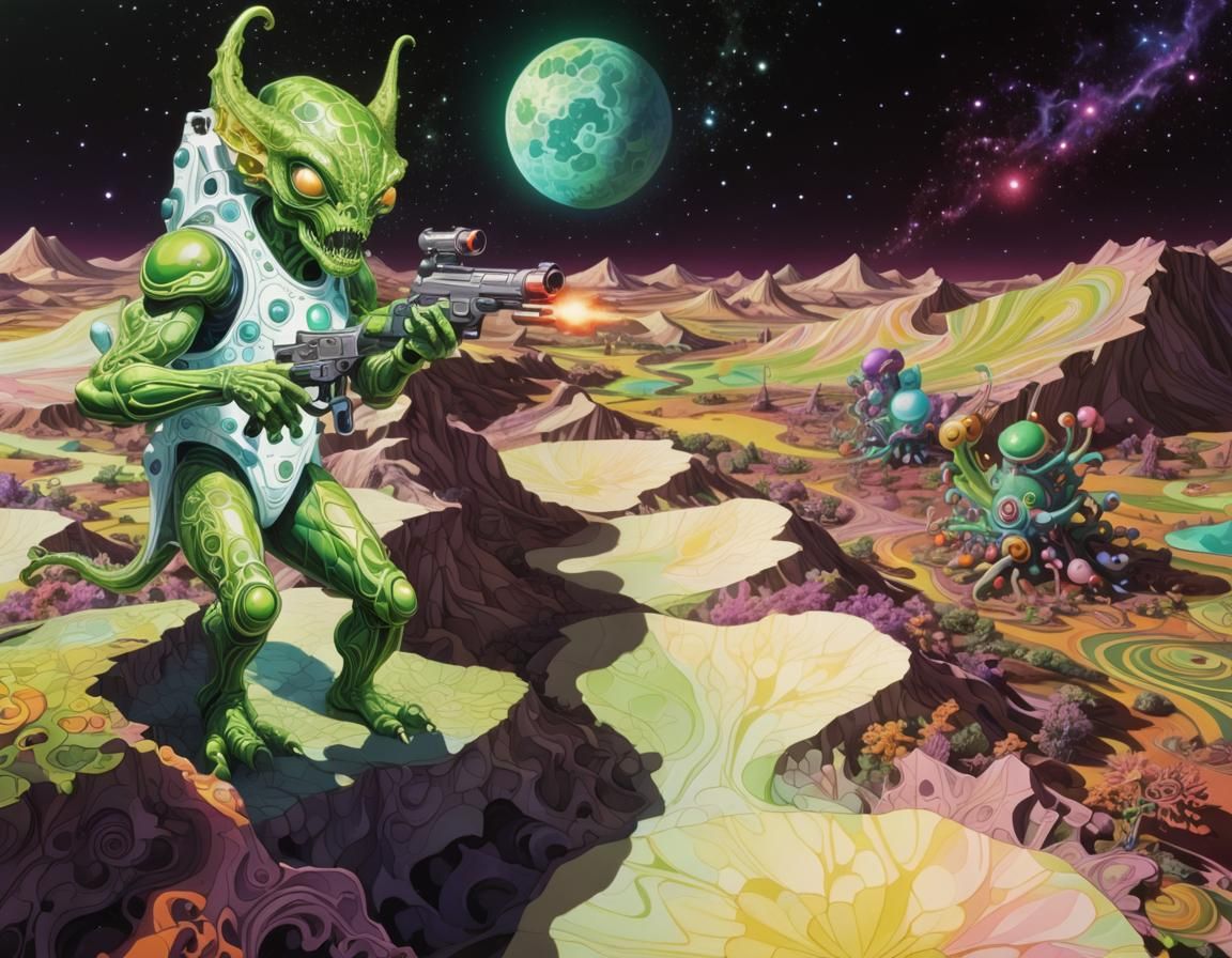 <lora:SumnerVision2:1.0> Moon landscape ,sky-fi ,alien with blaster 