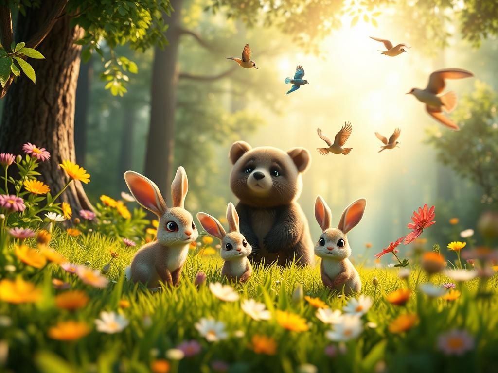 Bunnies,Bear cubs, Little birds 3-D Lenticular FOREST heavenly sunshine beams divine bright soft focus holy in the clouds