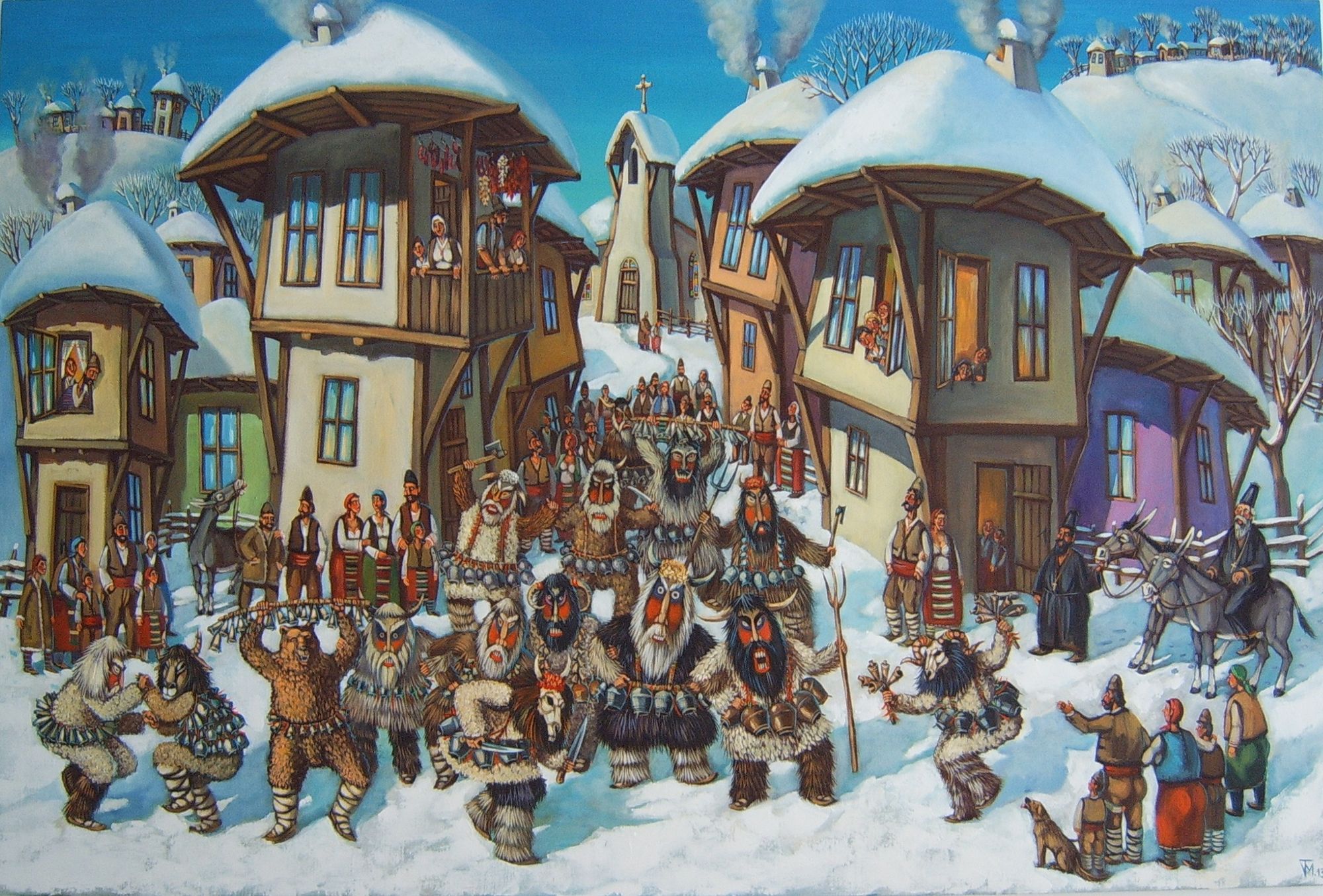 <lora:naive art:1.0>  kukeri  during winter. In the background, there are Bulgarian Revival-style houses







