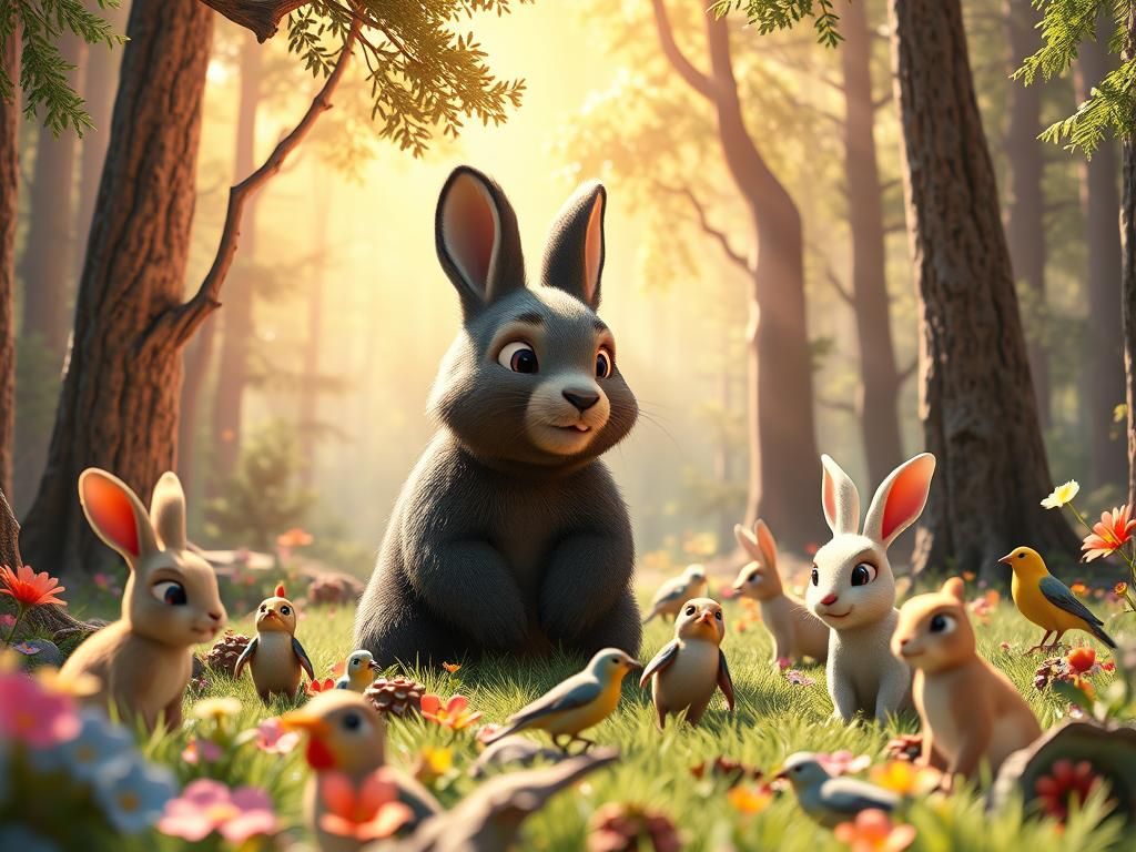Bunnies,Little birds 3-D Lenticular FOREST heavenly sunshine beams divine bright soft focus holy in the clouds