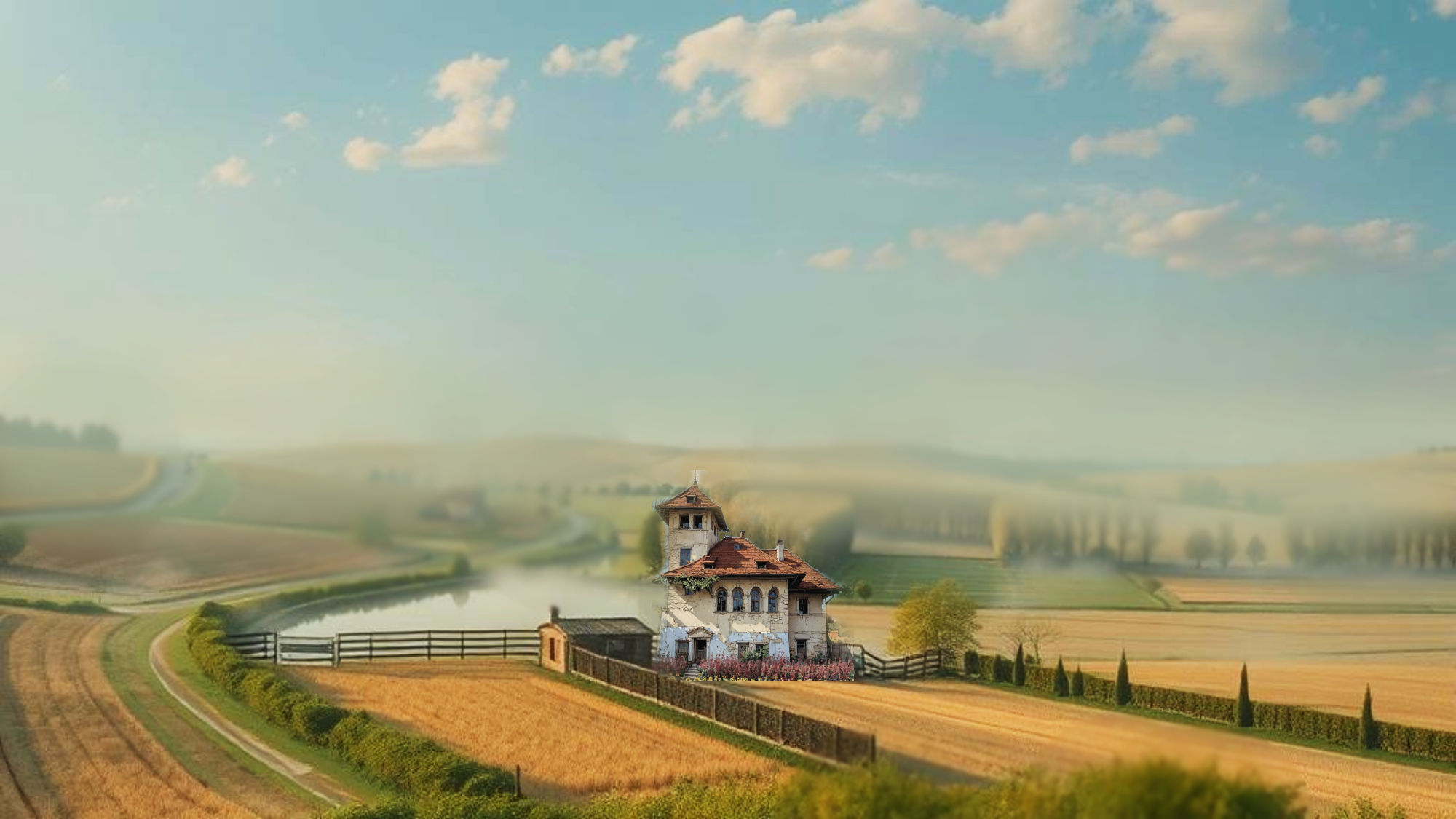 A vast view of agricultural fields, farm,watercolor 3D efect